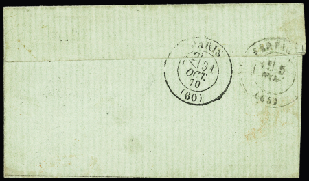 Le Fulton - n°37 OBL GC 4290 + T17 "Vincennes (60)" (31 oct 70) sur rare formule sur papier gris-vert avec mention imprimée "par ballon monté" pour Perpignan avec au verso transit "Paris (60)" (31 oct) et arrivée 5 n