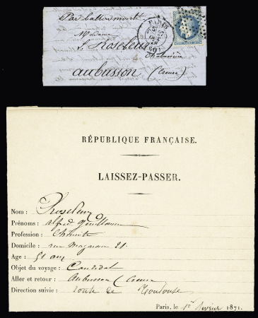 Le Colonel Charras - n°29 OBL étoile évidée + CAD "Paris (60)" (27 oct 70) sur ballon monté pour Aubusson (Creuse) avec arrivée 2 nov écrite par A.Roseleur (concepteur des ballons des Gravilliers). On joint un lai