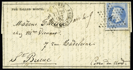 Le Fulton - n°29 OBL étoile 3 + CAD "Paris Pl. de la Madeleine (29 oct 70) sur ballon monté pour Saint Brieuc avec arrivée 4 nov. TB