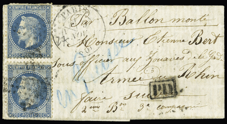 Le Daguerre (ballon capturé) - n°29, 2 pièces, OBL étoile muette + CAD "Paris (60)" (9 nov 70) sur ballon monté pour un soldat de l'armée du Rhin AFF à 40c (tarif pour l'Allemagne) avec au verso CAD d'arrivée all