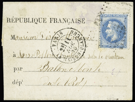 Le Daguerre - n°29 OBL PC du GC 2170 + CAD Paris "la Maison Blanche" (11 nov 1870) sur petite formule à en-tête "République française" sans arrivée (ballon capturé), signé JF Brun. RR et TB