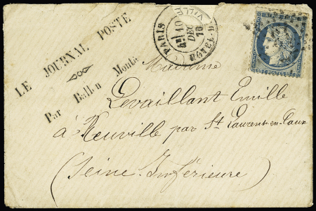 Le Gébéral Renault - n°37 OBL étoile 13 + CAD "Paris Hotel de Ville" (10 dec 70) sur enveloppe (mal ouverte d'où petit manque de papier) avec griffe noire "Le Journal Poste - Par Ballon Monté" pour St Laurent en Ca