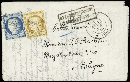 Le Général Uhrich - n°36 + 37 OBL étoile muette + CAD "Paris (60)" (13 nov 70) sur correspondance Havas, édition allemande pour Cologne avec griffe encadrée noire "affranchissement insuffisant" (il manque 10c). San