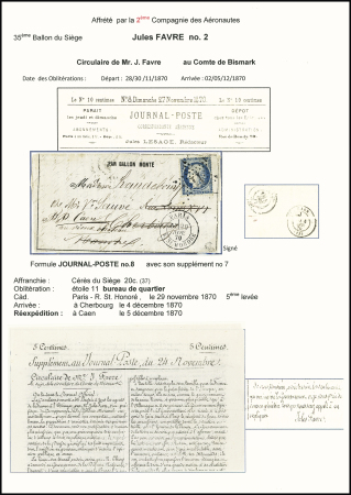 Le Jules Favre n°2 - n°37 OBL étoile 11 + CAD "Paris R. St Honoré" (29 nov 70) sur journal poste n°8 adressé à Cherbourg et réexpédié à Caen avec arrivée 4 dec + supplément n°7. Ensemble RR et TB. Certifica