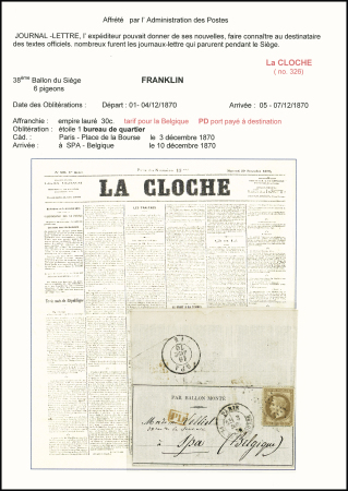 Le Franklin - n°30 OBL étoile 1 + CAD "Paris PL. de la Bourse" (3 dec 70) sur journal La Cloche pour Spa (Belgique) avec arrivée 10 dec. TB. Cote Yvert spécialisé 3000€