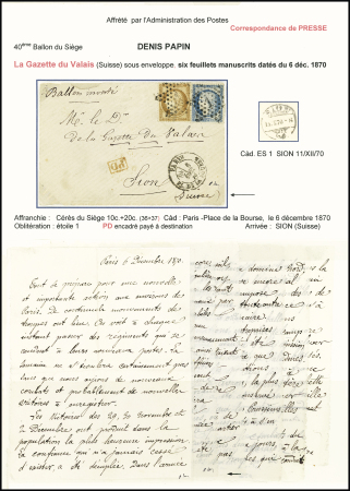 Le Denis Papin - n°36 + 37 OBL étoile 1 + CAD "Paris PL de la Bourse" sur Gazette du Valais en 6 feuilles sous enveloppe pour Sion (Suisse) avec arrivée 1.12.1870. TB Cote Yvert spécialisé 5000€