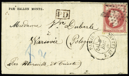 Le Général Renault - n°32, 80c rose, OBL étoile 2 + CAD "Paris R. St Lazare" (8 dec 70) sur Gazette des Absents n°14 pour Varsovie avec taxe prussienne F2 au crayon bleu. TB. Cote Yvert 4800€