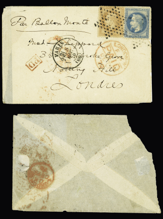 Le Général Renault - n°28 + 29 OBL étoile évidée + CAD "Paris (60)" (8 dec 70) sur ballon monté pour Londres avec arrivée rouge London Paid (13 dec 1870). TB