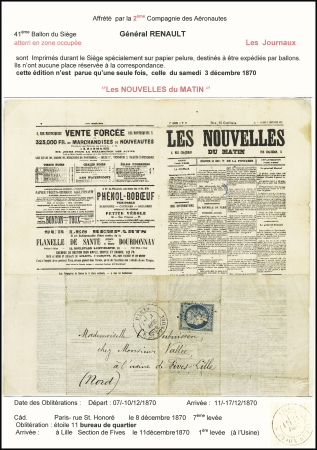 Le Général Renault - n°37 OBL étoile 11 + CAD "Paris R. St Honoré" (8 dec 70) sur journal "Les Nouvelles du Matin" pour Fives-Lille avec arrivée 11 dec. RRR et TB. Cote Yvert 4000€