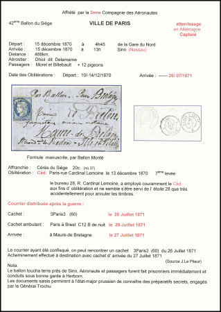 La Ville de Paris (ballon capturé) - n°37 OBL CAD "Paris R. du Cardinal Lemoine" sur ballon monté pour Maure de Bretagne avec arrivée "3 Paris 3 (60)" (26 juil 71) et Maure de Bretagne (34) (27 juillet 71). Rare et T