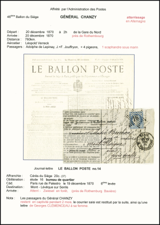 Le Général Chanzy - n°37 OBL étoile 16 + CAD "Paris R. de Palestro" (19 dec 70) sur journal Le Ballon poste n°14 pour Mont l'Evêque près Senlis (Oise) - sans arrivée. TB. Cote 650€