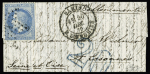 Le Lavoisier - n°29 OBL étoile 4 + CAD "Paris R. d'Enghien (20 dec 70) pour Essonnes (Seine et Oise) avec taxe allemande 20 double-trait en bleu. Au verso, ambulant "Paris au Havre" (24 dec 70). RR et TB