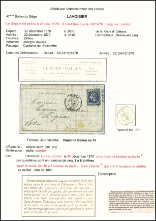 Le Lavoisier - n°29 OBL étoile muette + CAD "Paris (60)" (20 dec 1870) sur dépêche ballon pour Figeac (Lot) avec arrivée 28 dec. TB