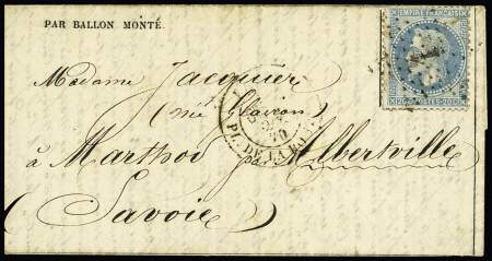 Le Tourville - n°29 OBL étoile 1 + CAD "Paris Pl. de la Bourse" (25.12.70) sur formule imprimée par ballon monté pour Albertville Savoie avec arrivée 31.12. TB