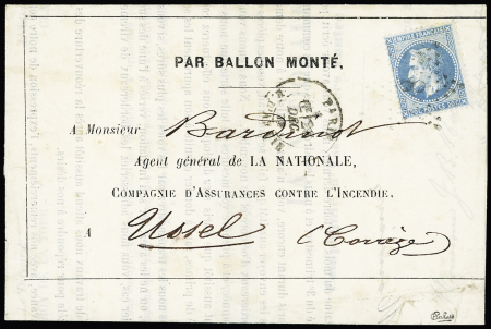 L'Armée de la Loire - n°29 OBL étoile 8 + CAD "Paris R. d'Antin" (28 dec 70) sur circulaire La Nationale pour Ussel (Corrèze) avec arrivée 9 janv. TB. Cote 3000€