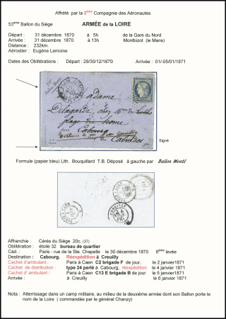 L'Armée de la Loire - n°37 OBL étoile 32 + CAD "Paris R. de la Ste Chapelle" (30 dec 70) sur formule violette Bouquillard avec mention oblique "par ballon monté" pour Cabourg réexpédiée à Creuilly (arrivée 6 jan