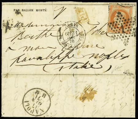 Le Newton - n°31, 40c orange, OBL étoile 1 + CAD "Paris PL. de la Bourse" (31 dec 1871) sur formule à en-tête "par ballon monté" pour l'Italie avec au verso CAD d'arrivée "Napoli" (17 dec 71) - Destination rare et 