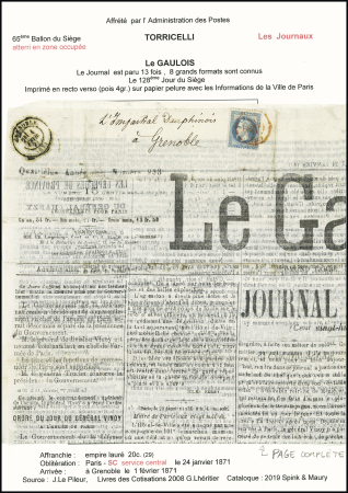 Le Torricelli - n°29 OBL CAD rouge "Paris (SC)" (24 janv 71) sur journal Le Gaulois adressé à l'Impartial Dauphinois à Grenoble avec arrivée T17 Grenoble (1 fev 71). RRR et TB. Cote 7200€