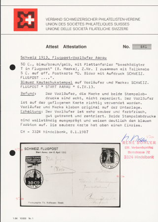 1913 (6. Apr.) Flugtag Aarau, Flugspendemarke 50Cts