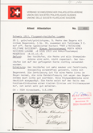 1913 (8 Juni) Flugtag Lugano, Flugpostmarke 25Cts mit
