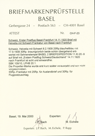 1920 (11. Nov) Basel - Frankfurt, Helvetia mit Schwert