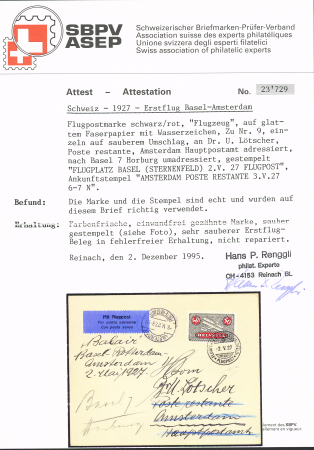 1927 (2. Mai.) Basel - Rotterdam - Amsterdam, 50C Flugppostmarke