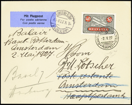1927 (2. Mai.) Basel - Rotterdam - Amsterdam, 50C Flugppostmarke