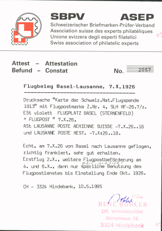 1926 (2. Okt.) Basel - Lausanne, Flugpost 20C gest.
