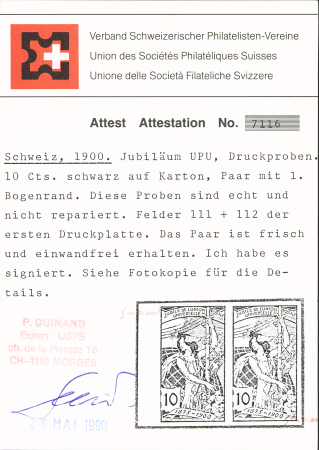 10C Schwarz, Probedruck im waagr. Paar auf Kartonpapier