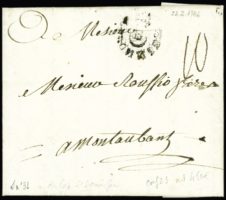 Gironde : lettre du Cap (Saint-Domingue) pour Montauban avec MP d'entrée "B colonnies" (1766) de Bordeaux (L n°31), ind 23. RR et TB