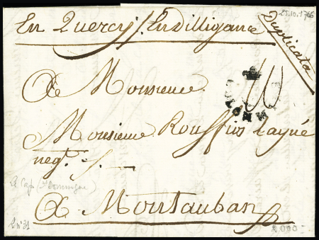 Lettre du Cap (Saint-Domingue) pour Montauban avec MP d'entrée "B colonnies" (1766) de Bordeaux (L n°31) avec mention manuscrite "En Quercy en diligence", ind 23. B/TB
