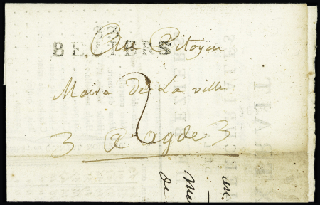 Circulaire "extrait des mercuriales de la ville de Béziers" pour Agde avec au verso marque manuscrite "Deb de Bédarieux" (An 11) - L n°2, ind 19