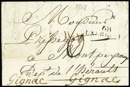 Lettre avec MP "68 L'arbresle" pour Montpeyron réexpédiée à Gignac avec au verso MP "Deb 33 Lodève" (1808), ind 20. TB
