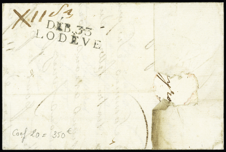 Lettre avec MP "68 L'arbresle" pour Montpeyron réexpédiée à Gignac avec au verso MP "Deb 33 Lodève" (1808), ind 20. TB