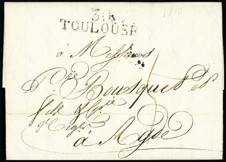 Lettre avec MP "30 Toulouse" pour Agde avec au verso MP "Deb 33 Lunel", ind 17. TB