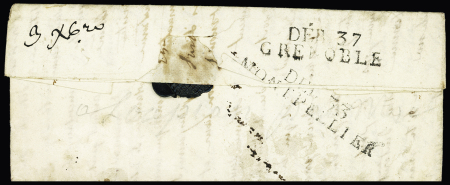 Lettre avec au verso MP "Deb 37 Grenoble" + "Deb 33 Montpellier" (1816), ind 15 et ind 18. TB