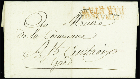 MP "33 Montpellier" sur lettre datée de la Citadelle 1799, lettre d'un condamné à mort. Il est joint à cette lettre un pli du ministre de la guerre confirmant la condamnation pour vol et assassinat. TB