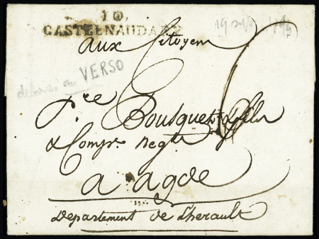 Lettre avec MP "10 Castelnaudary" pour Agde avec au verso marque manuscrite "Deb de Pézenas" (L n°12) ind 18. TB