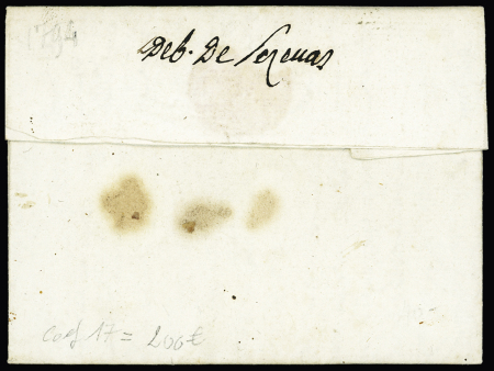Lettre avec MP "10 Castelnaudary" pour Agde avec au verso marque manuscrite "Deb de Pézenas" (L n°12) ind 18. TB