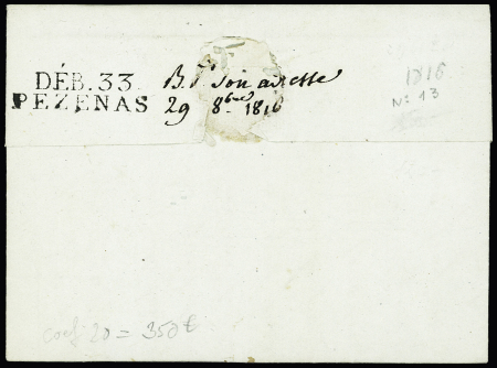 Lettre de Nice pour Agde avec au verso MP "Deb 33 Pézenas" (1816), ind 20. TB