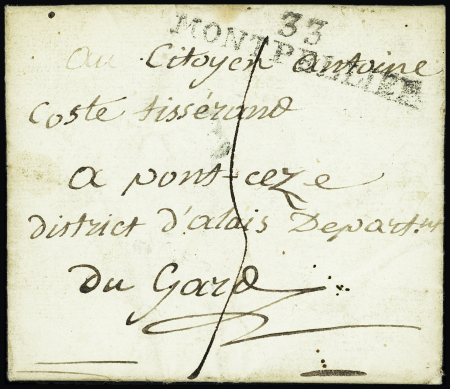 Lettre du Camp de Launac (26 floréal an 2) postée avec MP "33 Montpellier" pour Pont Cèze (nom révolutionnaire de Saint Ambroix). TB