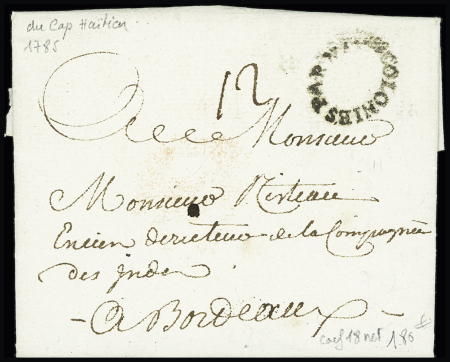 Loire Inférieure : lettre du Cap Haïtien pour Bordeaux avec cachet ovale d'entrée "Colonies par Nantes" (L n°15 - 1785), ind 18. TB