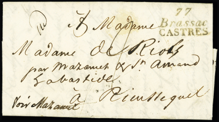 Tarn : double cursive "77 Brassac Tarn" (1826), ind 19. TB
