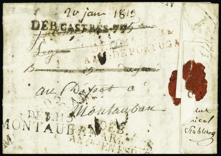 Lettre avec au verso MP "Deb Castres 77" + "Deb 115 Montauban" (1813). TB