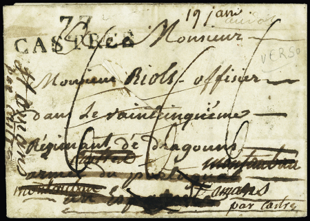 Lettre avec au verso MP "Deb Castres 77" + "Deb 115 Montauban" (1813). TB