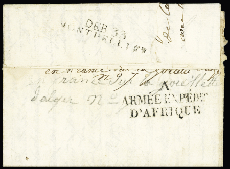Lettre de Toulon (1830) avec au verso "Deb 33 Montpellier" + "A Armée EXPDre d'Afrique". TB