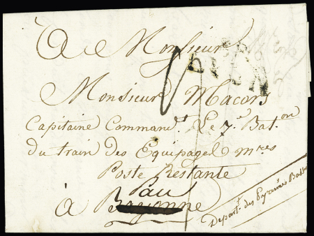 Lettre de Lyon (1810) pour Bayonne réexpédiée à Pau avec au verso MP "Deb Bau Gal Arm. Française en Espagne". TB