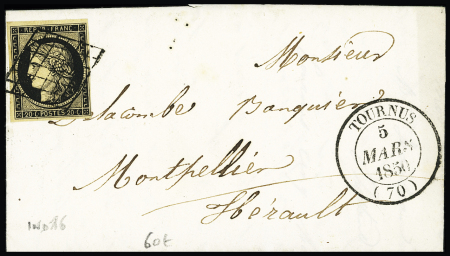 N°3, 20c noir, OBL grille + T14 "Tournus (70)" (1850,