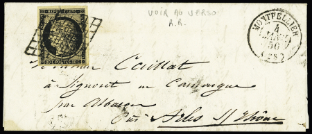 N°3 OBL grille + T15 "Montpellier (33)" (1850) sur lettre, ind 12. TB
