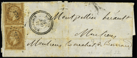 N°13 en paire OBL PC 3793 + T22 "Menerghin Algérie" (1860) sur lettre, ind 22. TB